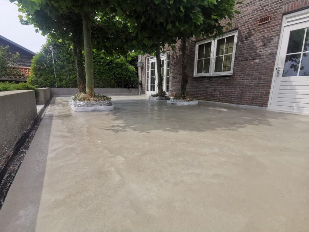 Betonnen terras met vier bomen